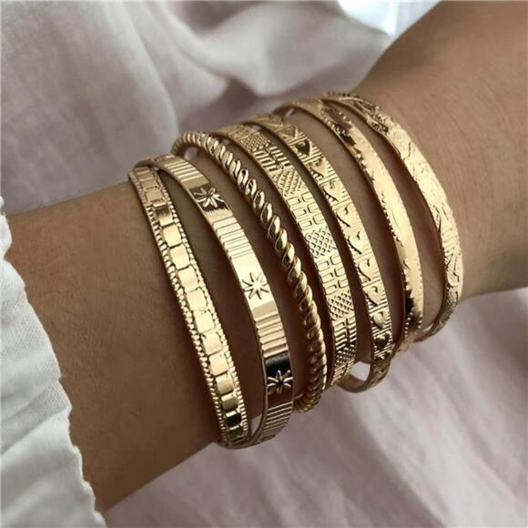 14k Gold Plated Multi Layer Stackable Cuff Bracelet Set - Picture 2 of 8